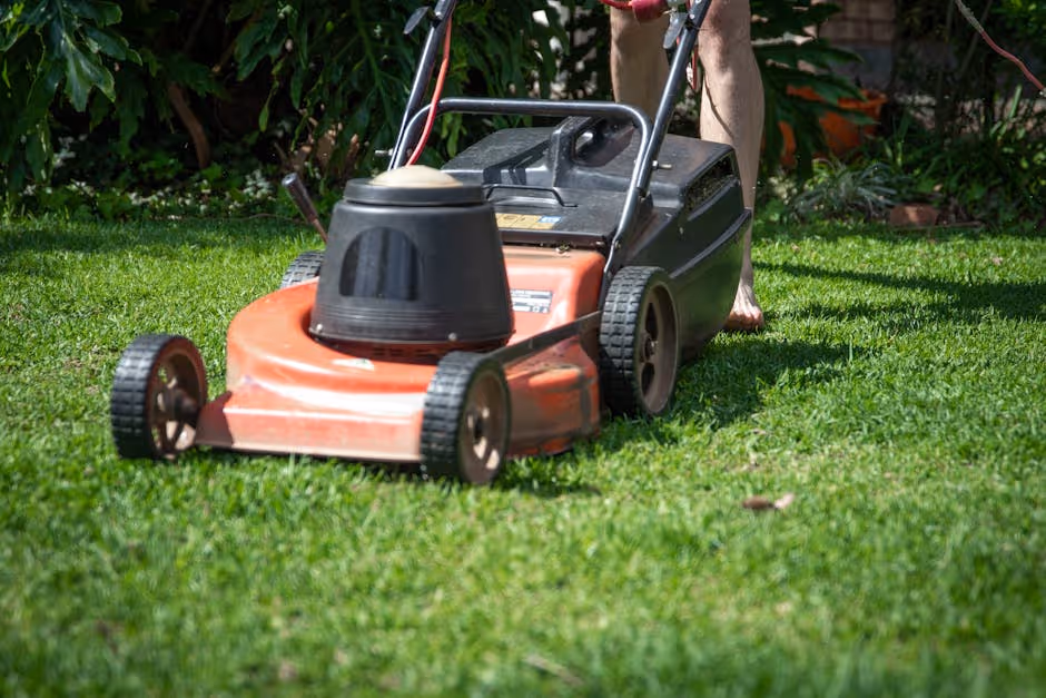 Red lawn mower cutting grass in a green backyard