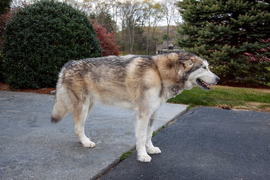 Wolf-like dog standing on driveway near bushes and trees