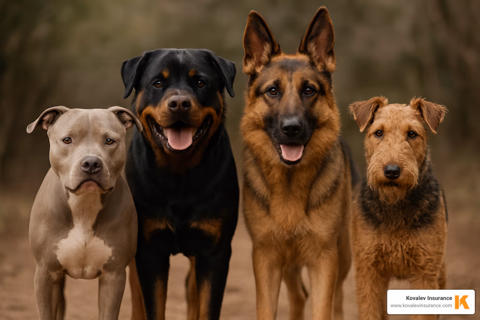 Several dogs commonly found on restricted lists including a Pit Bull, Rottweiler, and German Shepherd - massachusetts homeowners insurance dog list