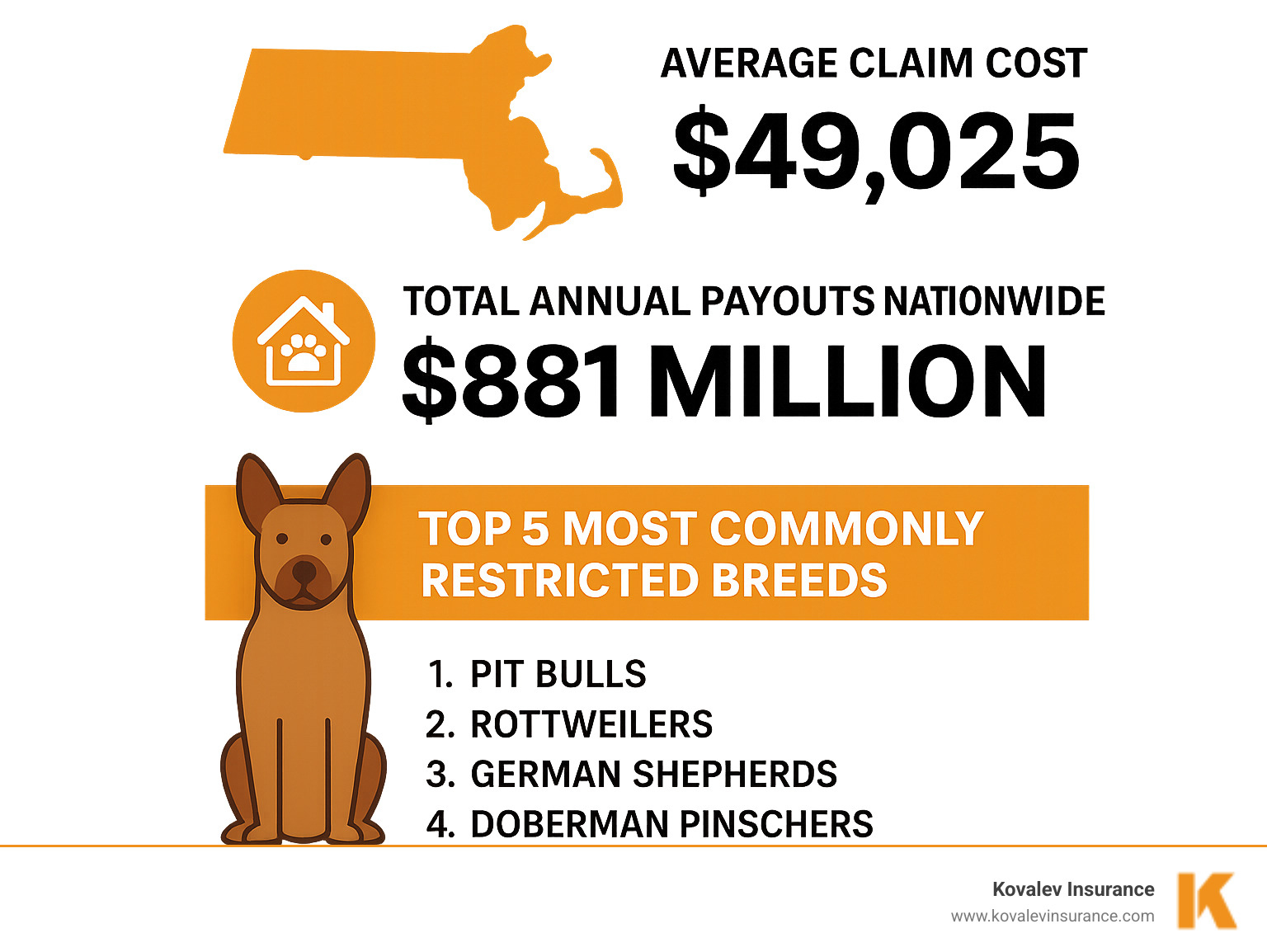 Infographic showing Massachusetts dog bite statistics with average claim costs of $49,025, total annual payouts of $881 million nationwide, and the top 5 most commonly restricted breeds: Pit Bulls, Rottweilers, German Shepherds, Doberman Pinschers, and Akitas - massachusetts homeowners insurance dog list infographic 