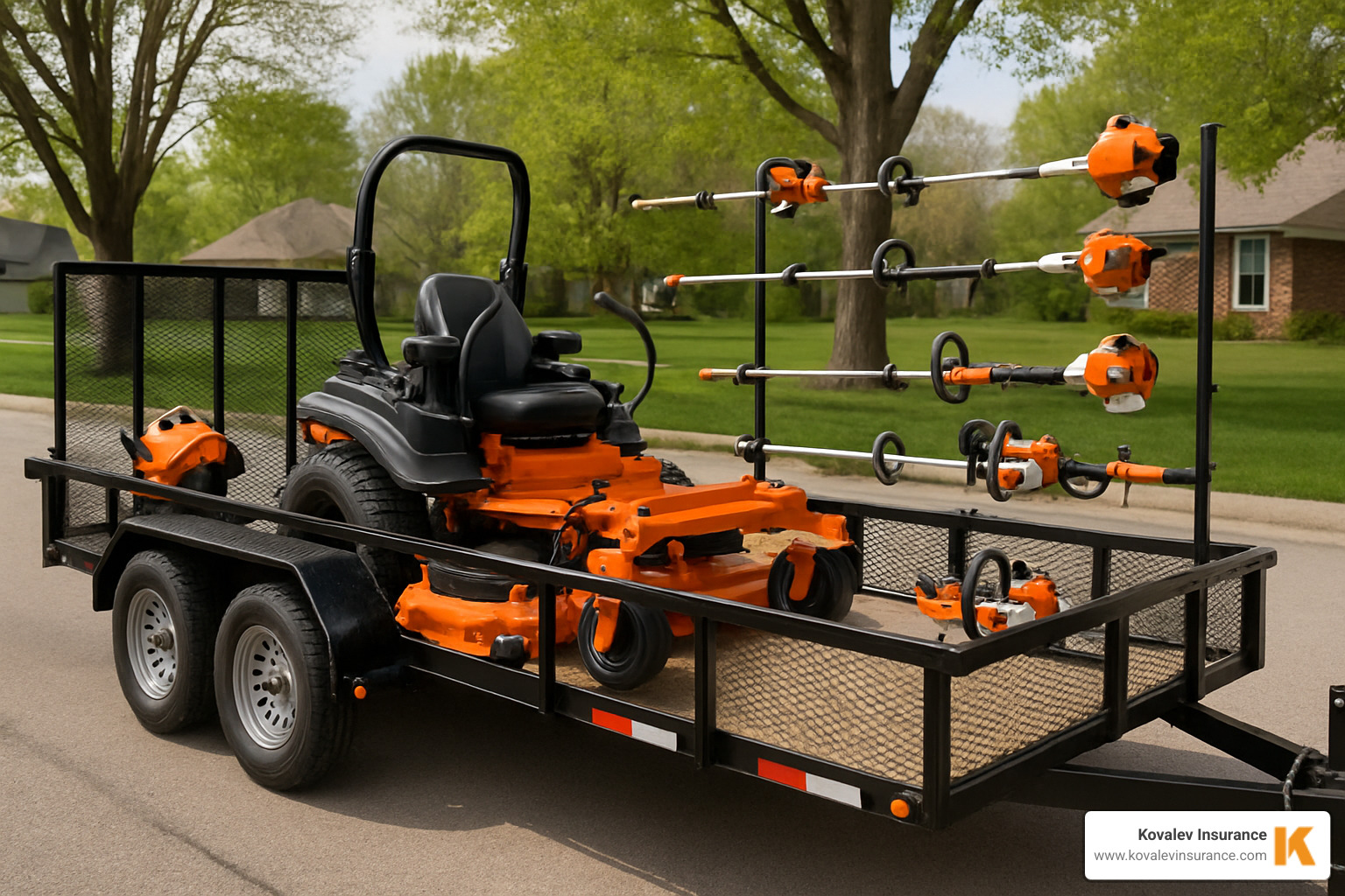 expensive landscaping equipment like a zero-turn mower and power tools on a trailer - commercial landscaping insurance