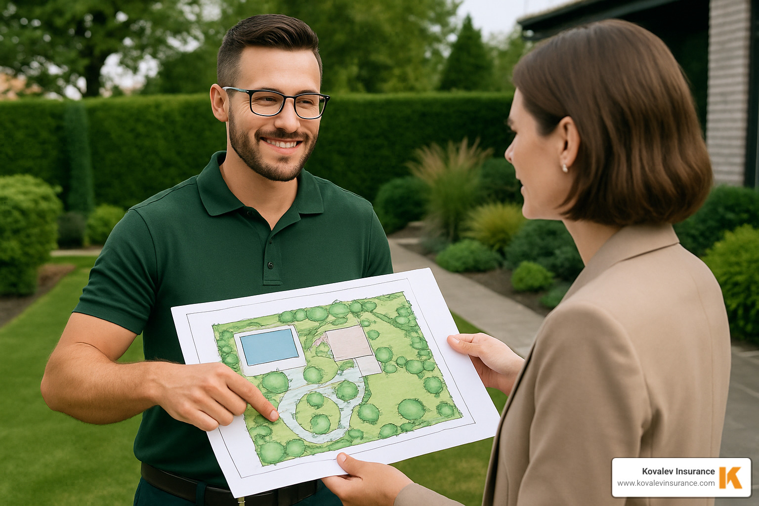 confident landscaping business owner reviewing plans with a client - commercial landscaping insurance