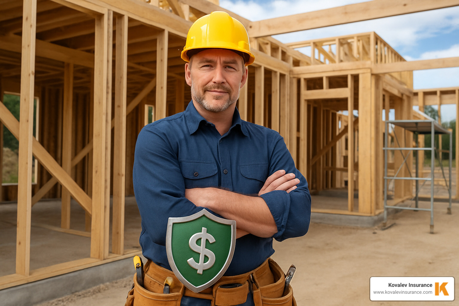 Construction worker with financial protection shield at building site