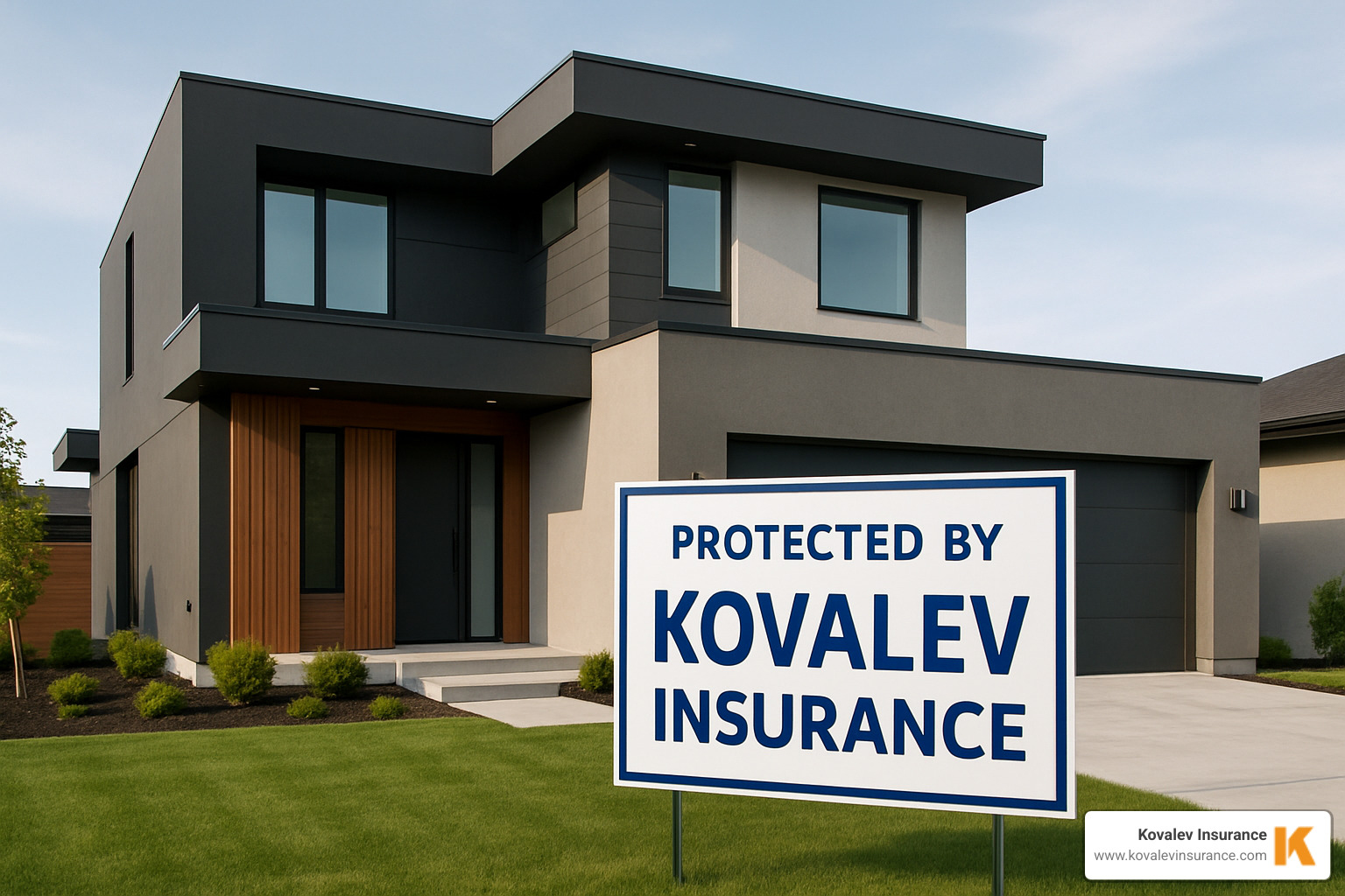 A completed construction project with a "Protected by Kovalev Insurance" sign - building contractor insurance