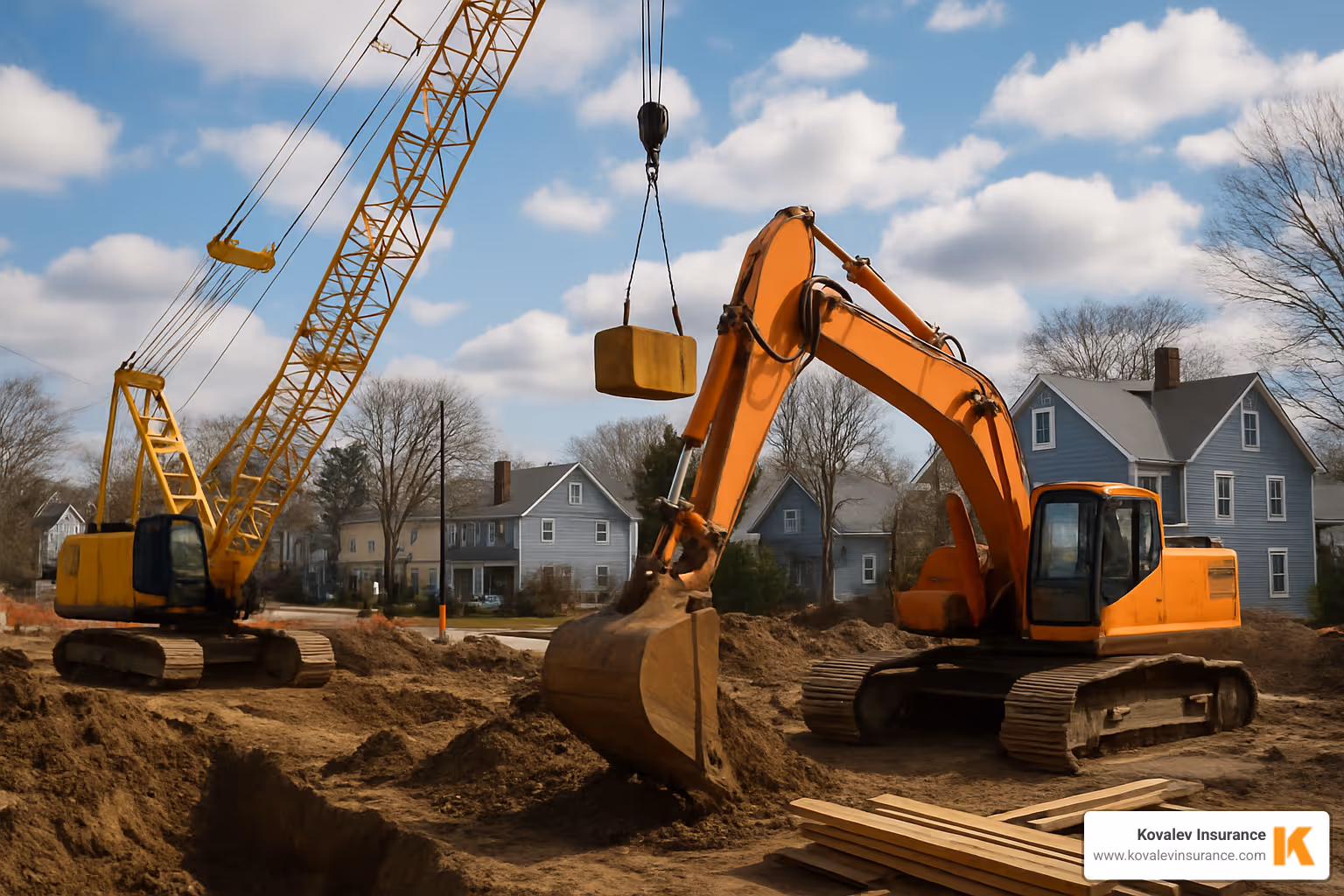 Specialized construction equipment on a job site in Belmont or Natick - building contractor insurance Specialized construction equipment on a job site in Belmont or Natick - building contractor insurance