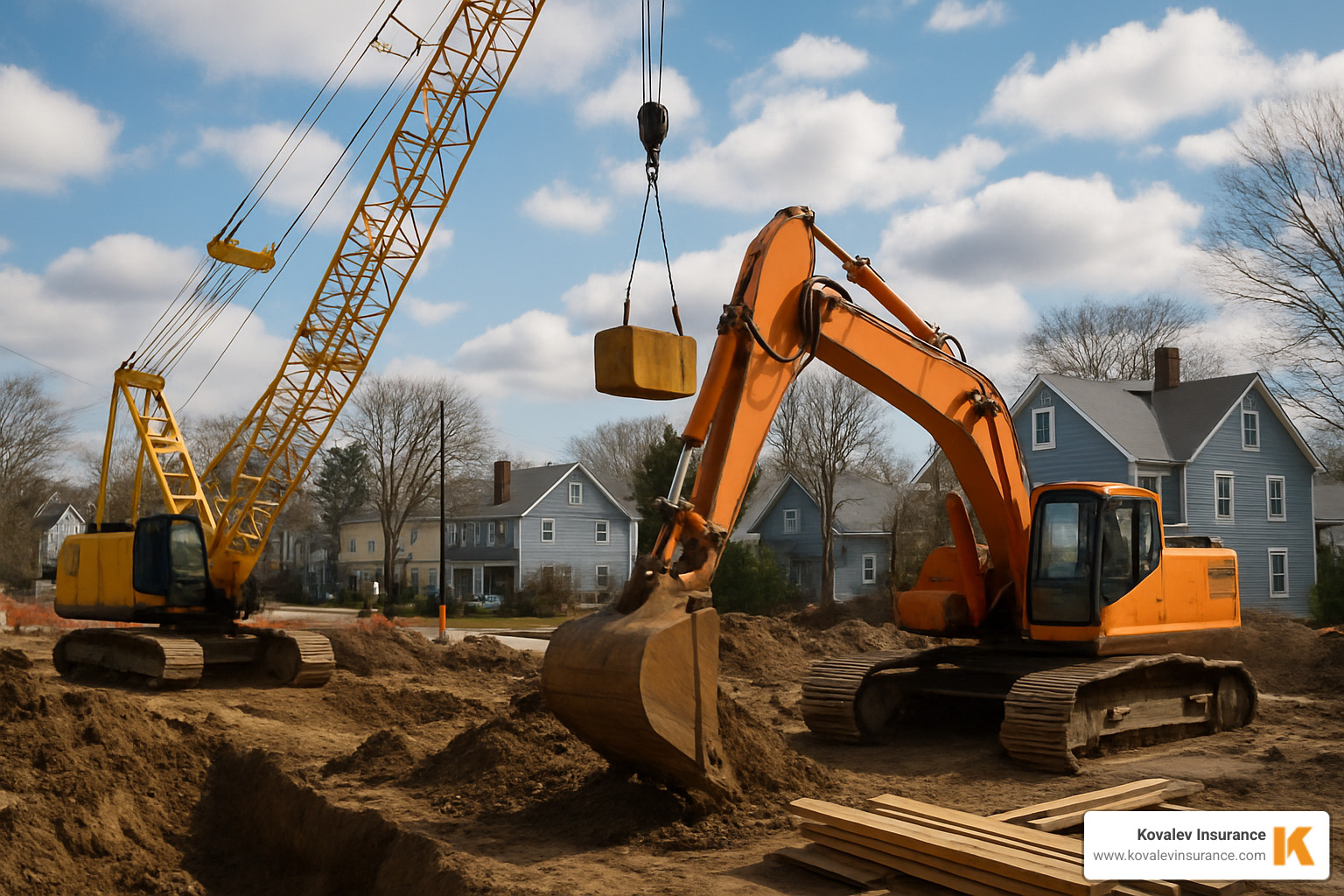Specialized construction equipment on a job site in Belmont or Natick - building contractor insurance