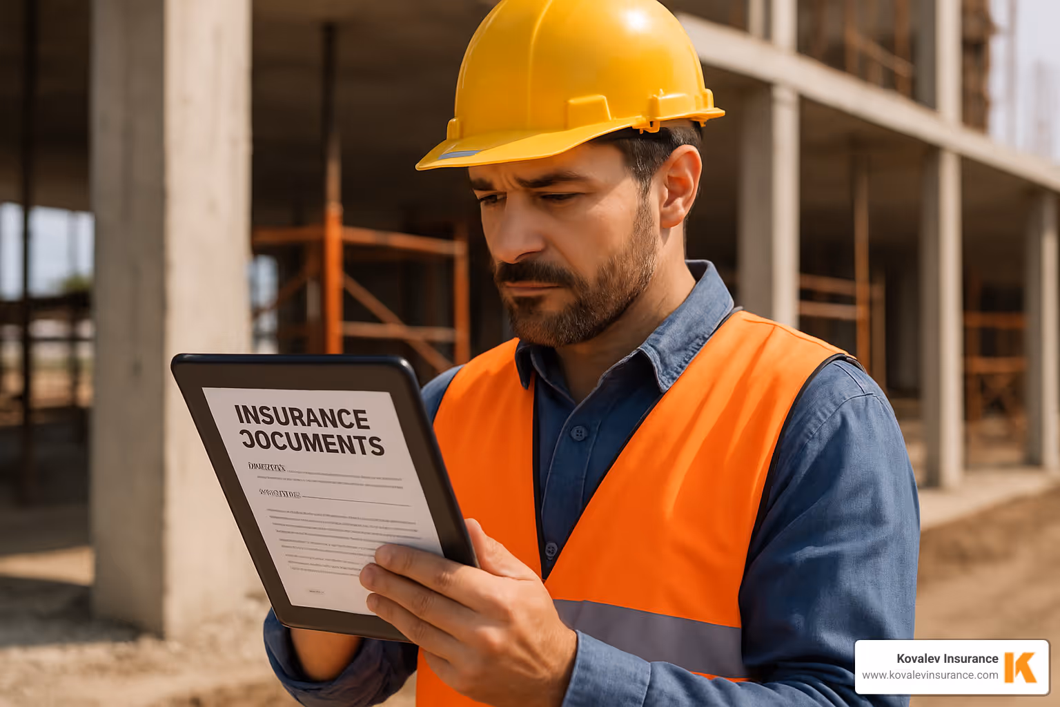 A contractor reviewing insurance documents on a tablet at a construction site - building contractor insurance A contractor reviewing insurance documents on a tablet at a construction site - building contractor insurance
