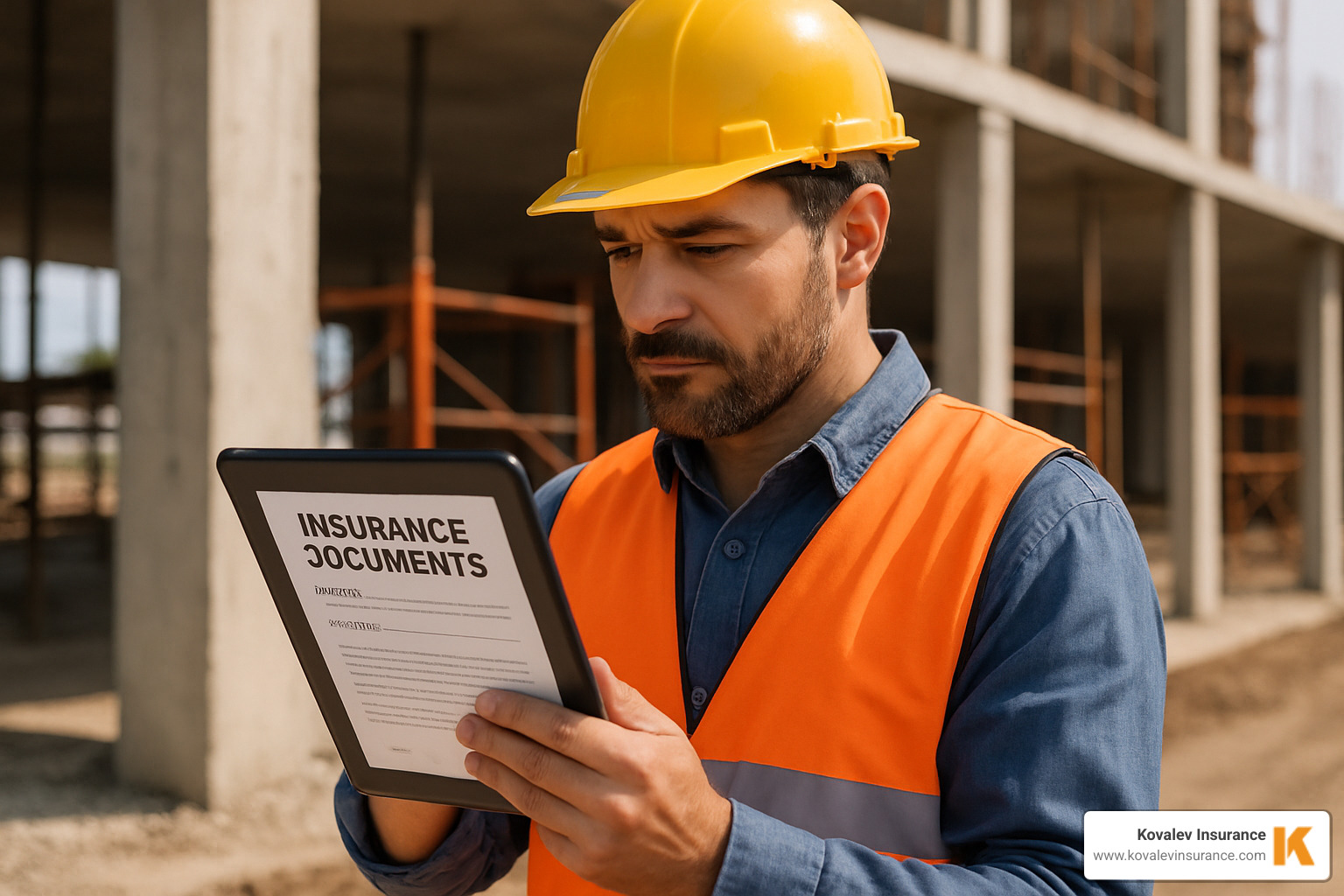 A contractor reviewing insurance documents on a tablet at a construction site - building contractor insurance