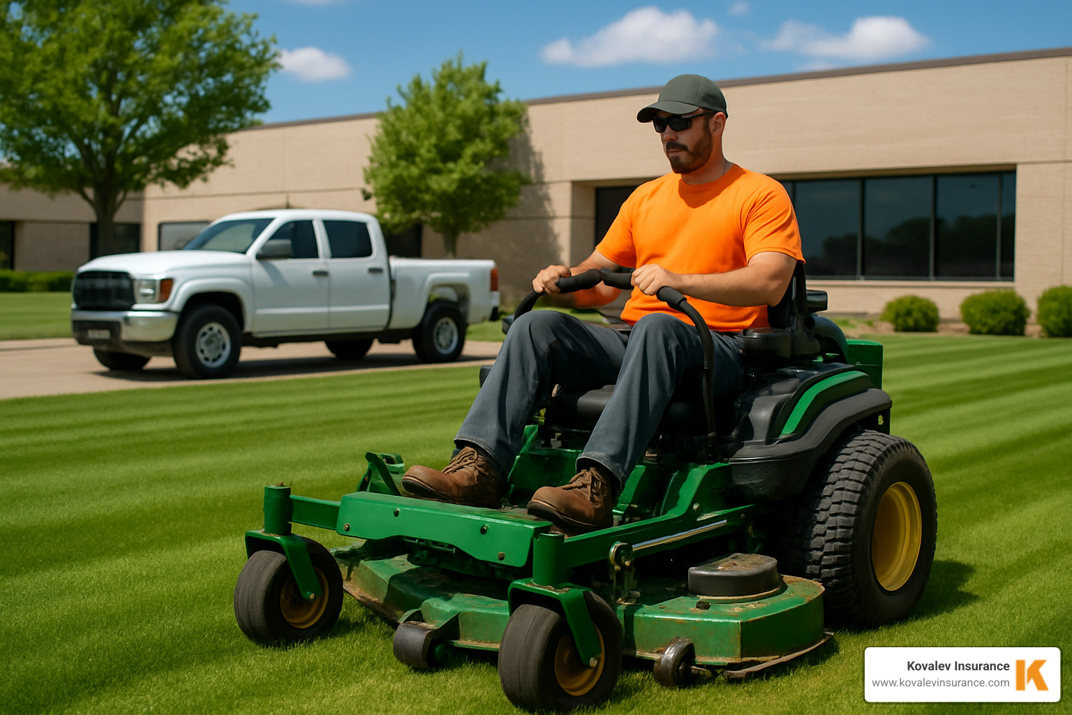 Landscaper in orange shirt mowing lawn with green zero-turn riding mower