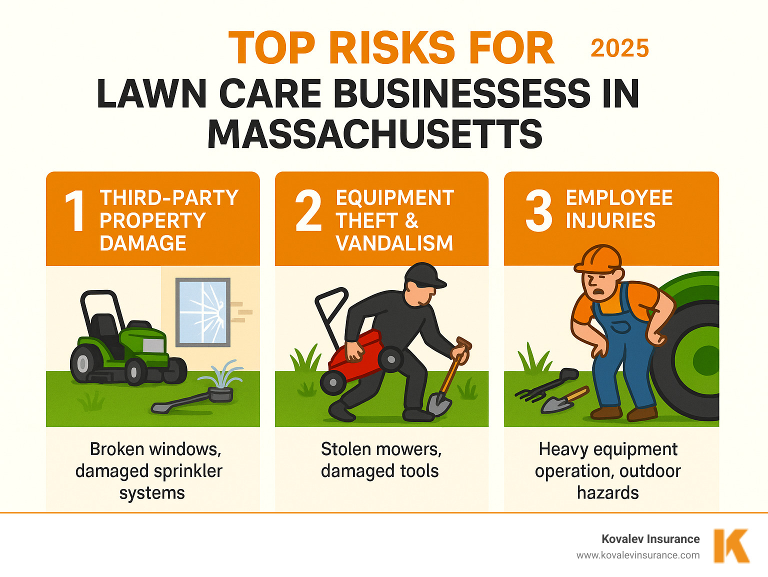 Infographic showing the top 3 risks for lawn care businesses in Massachusetts: third-party property damage from equipment (broken windows, damaged sprinkler systems), equipment theft and vandalism (stolen mowers, damaged tools), and employee injuries from heavy equipment operation and outdoor hazards - lawn mowing contractor insurance infographic 