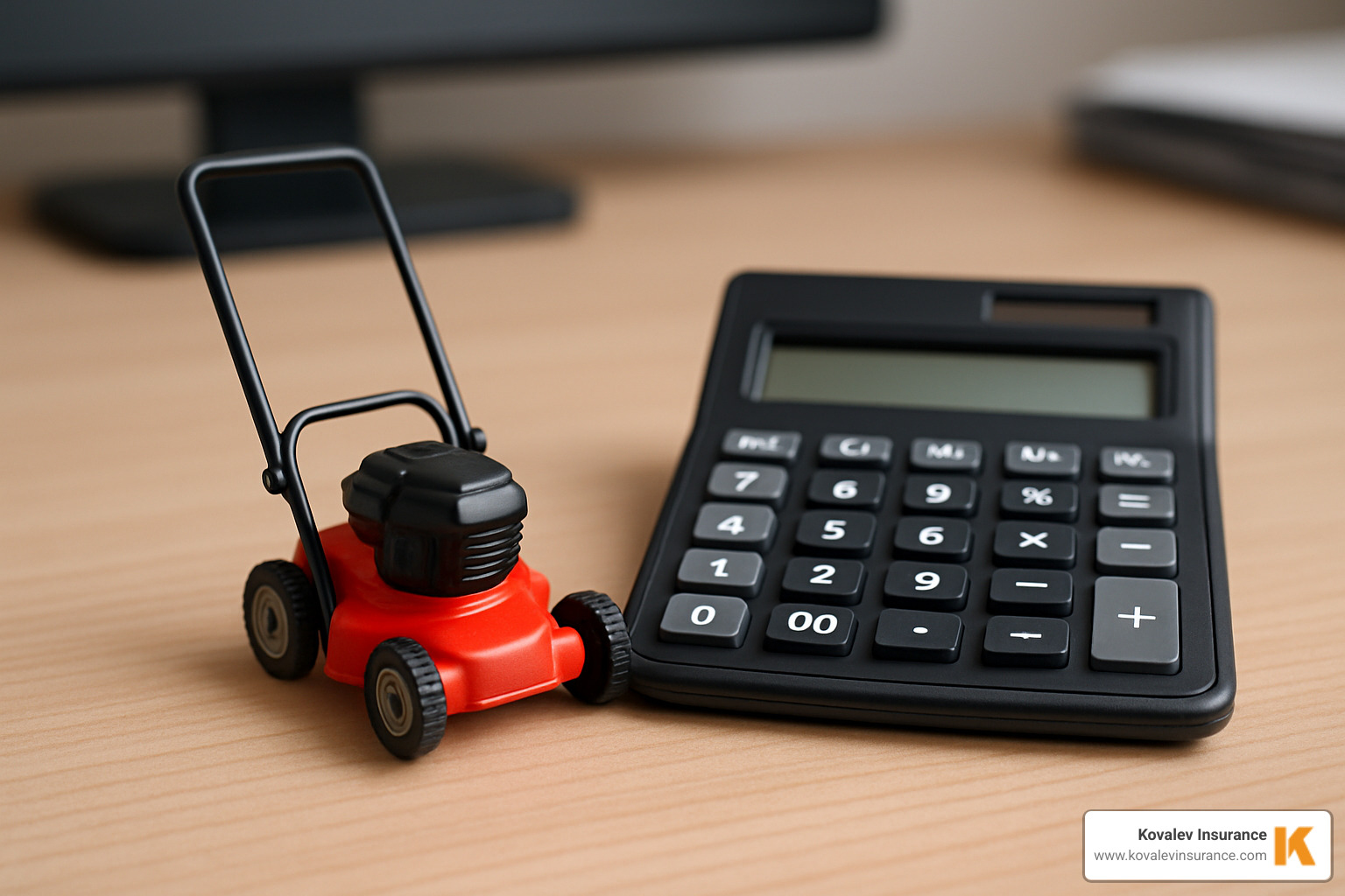 calculator and small model of a lawnmower - lawn mowing contractor insurance