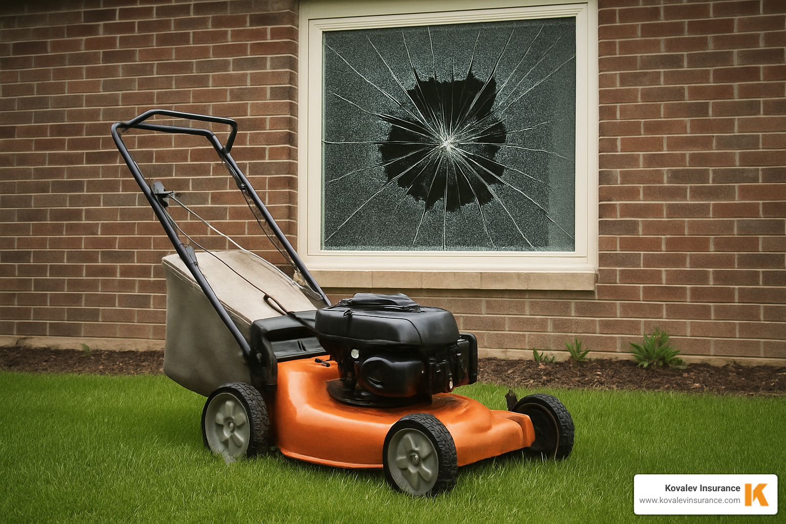 broken window with lawnmower - lawn mowing contractor insurance