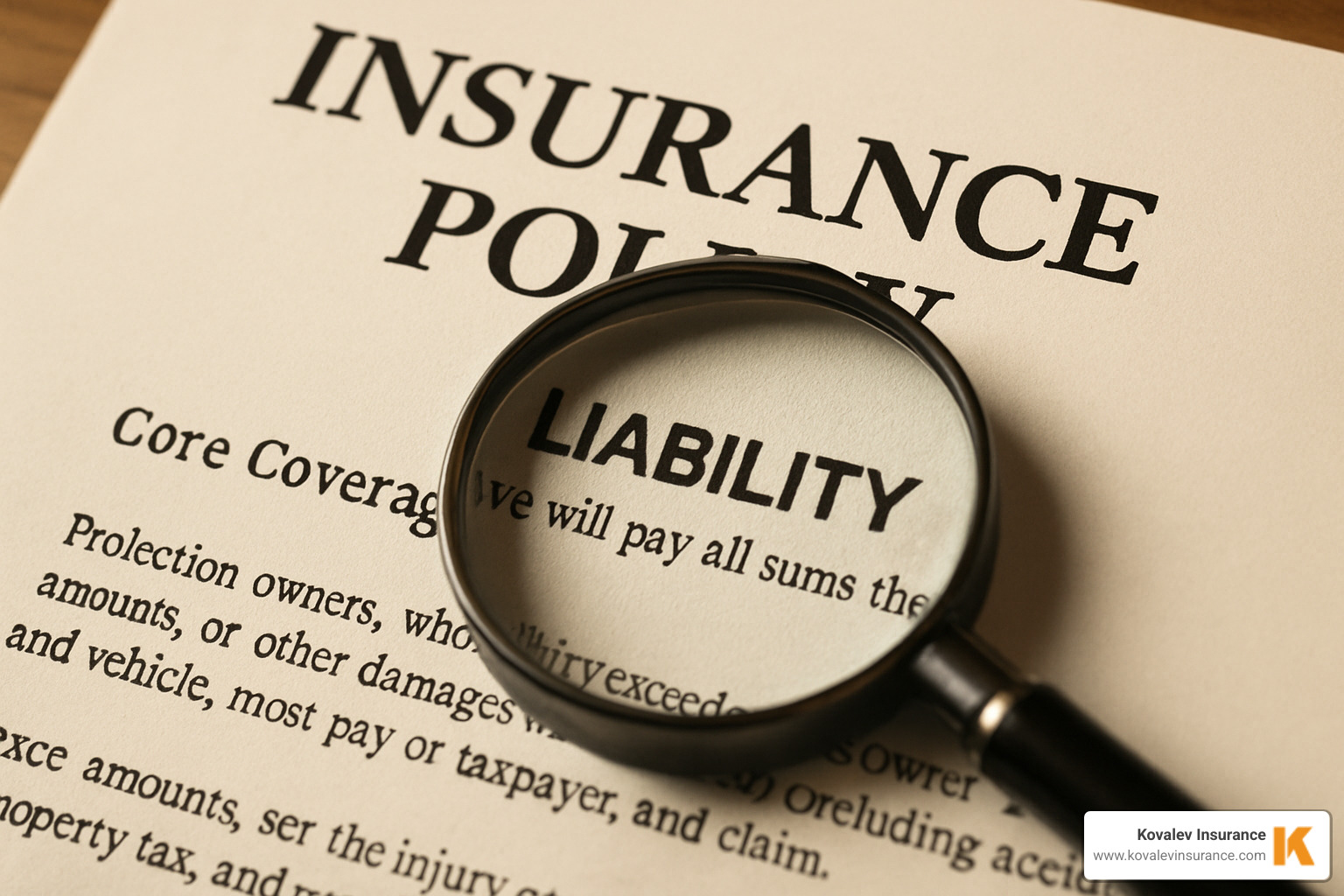 An insurance policy document with a magnifying glass over it, highlighting the fine print and importance of understanding core coverages like liability and what they protect against in case of lawsuits, client injury, or property damage. - personal contractor insurance
