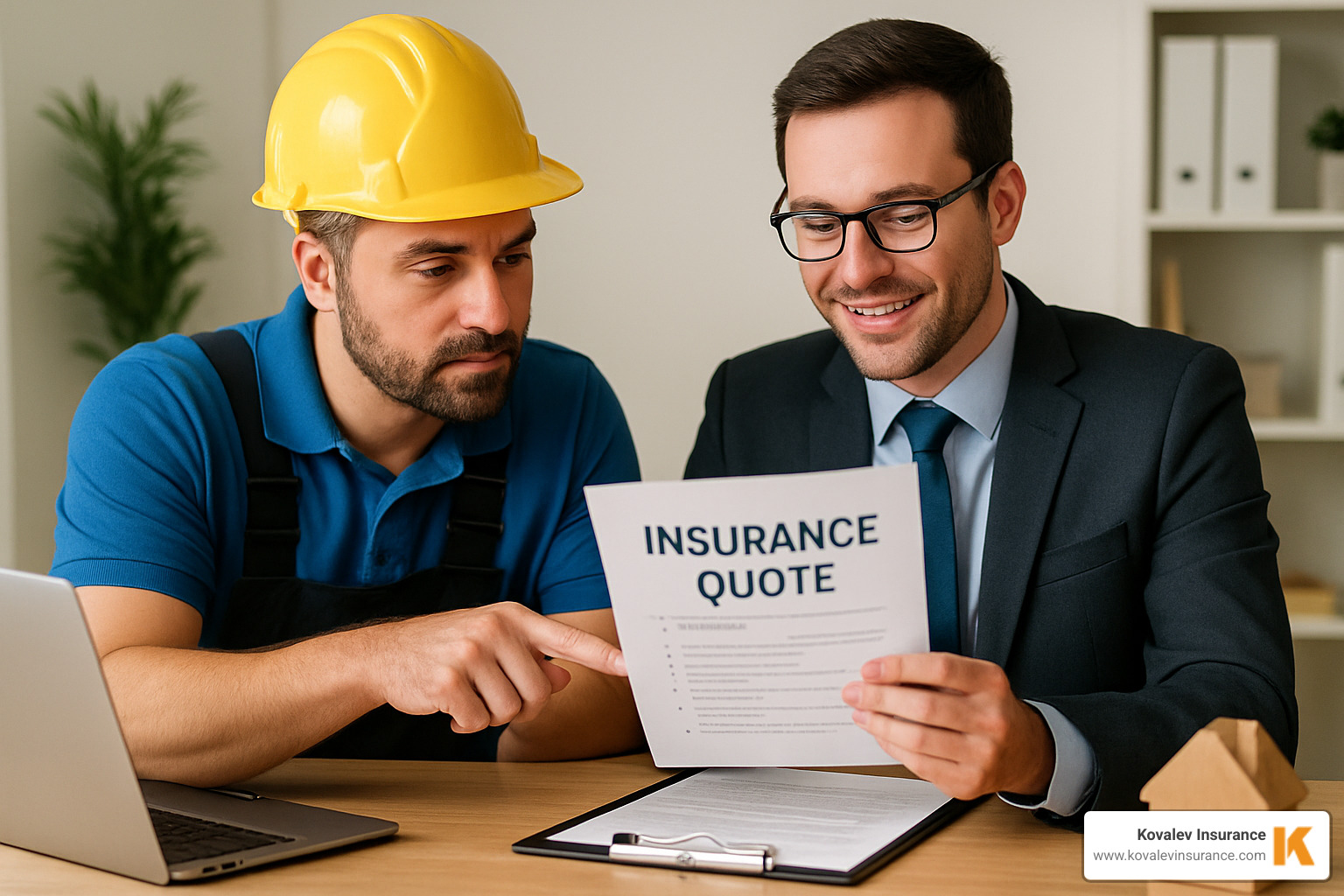 A contractor reviewing an insurance quote with an agent, symbolizing the collaborative process of policy selection, understanding legal requirements, and planning for the claims process and overall risk management. - personal contractor insurance