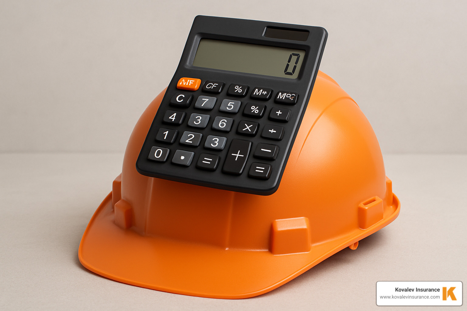 A calculator resting on a hard hat, symbolizing the financial considerations and calculations involved in determining insurance premiums for contractors, with a focus on understanding cost factors and annual/monthly payments. - personal contractor insurance