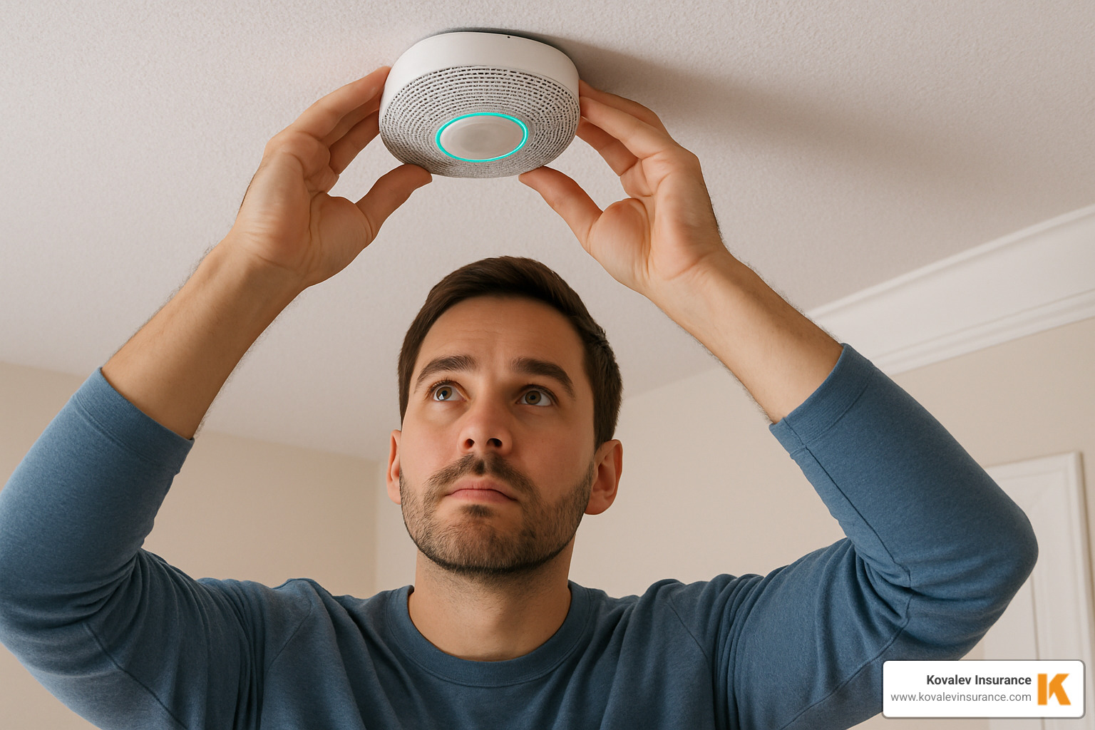 Homeowner installing a smart smoke detector - average cost of homeowners insurance massachusetts