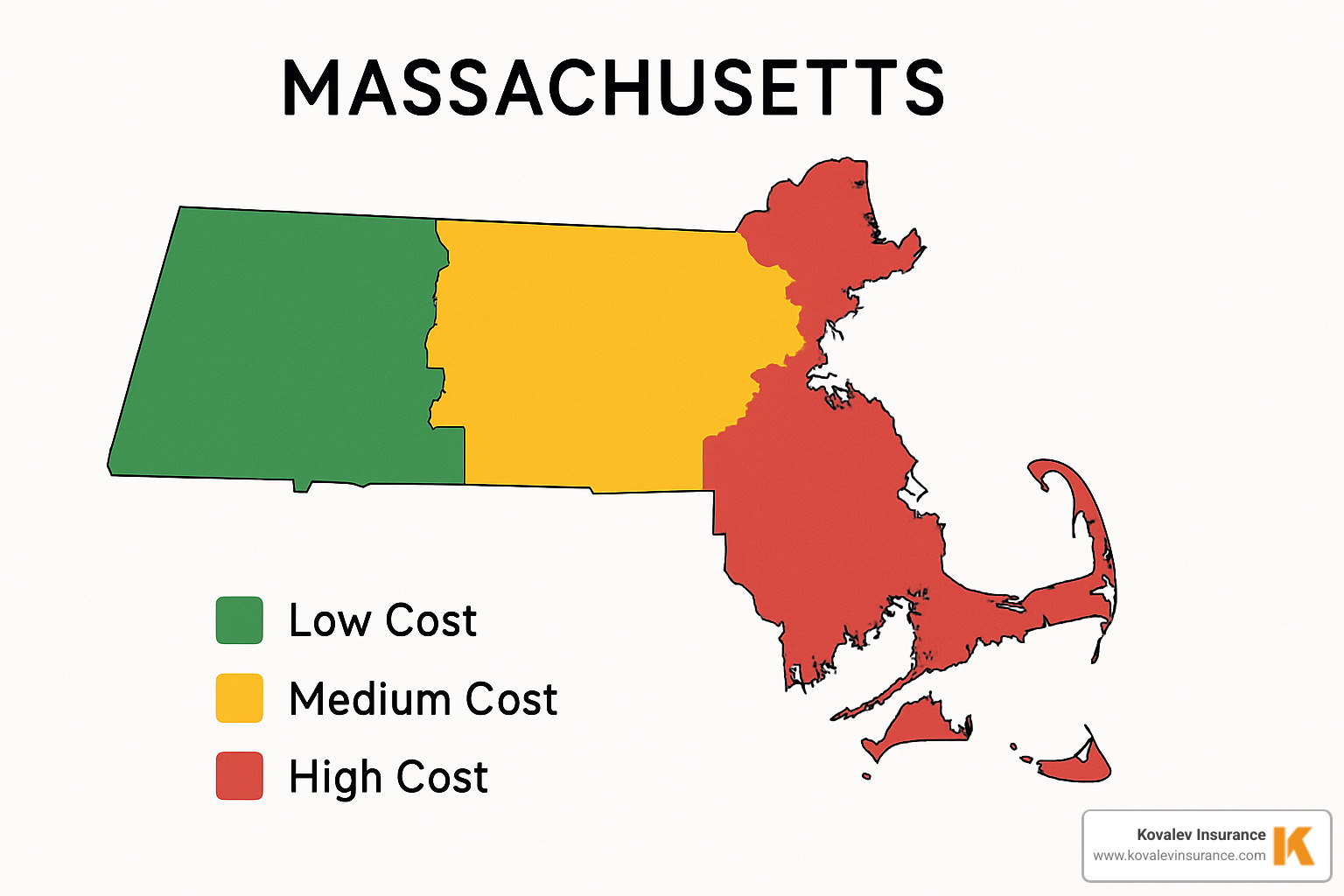 Map of Massachusetts highlighting different cost zones - average cost of homeowners insurance massachusetts
