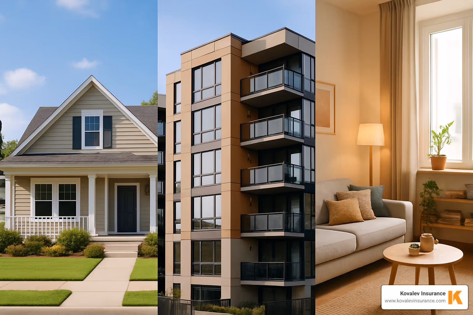 split view of a single-family home, a condo building, and an apartment interior - home owner insurances