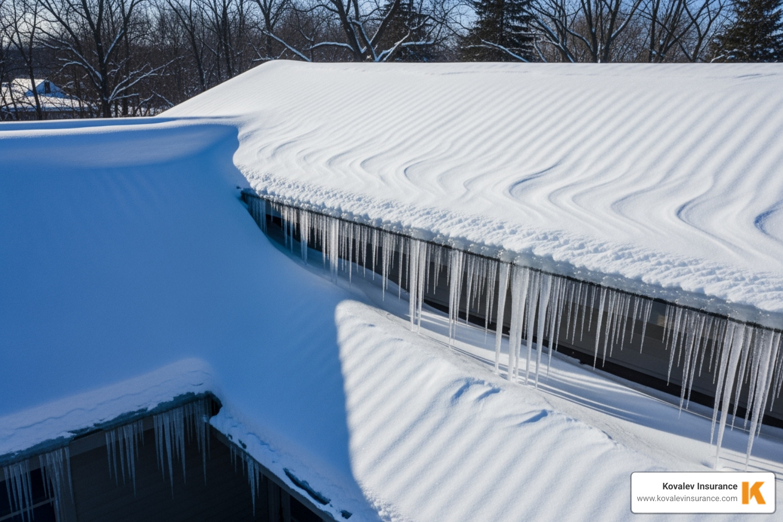 snow-covered roof with icicles - Affordable homeowners insurance Massachusetts