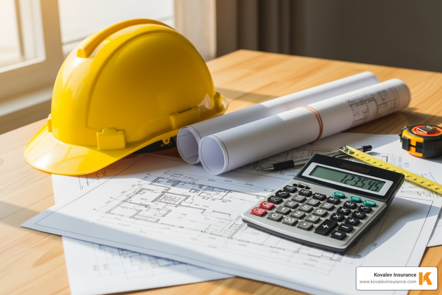 calculator with blueprints and a hard hat - drainage contractors insurance