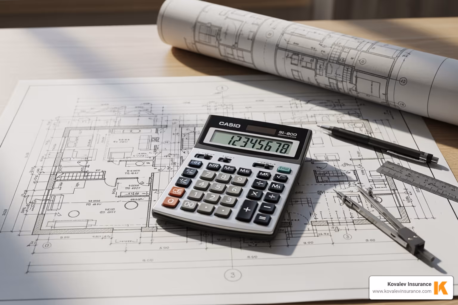 a calculator over a blueprint of a home - nantucket homeowners insurance