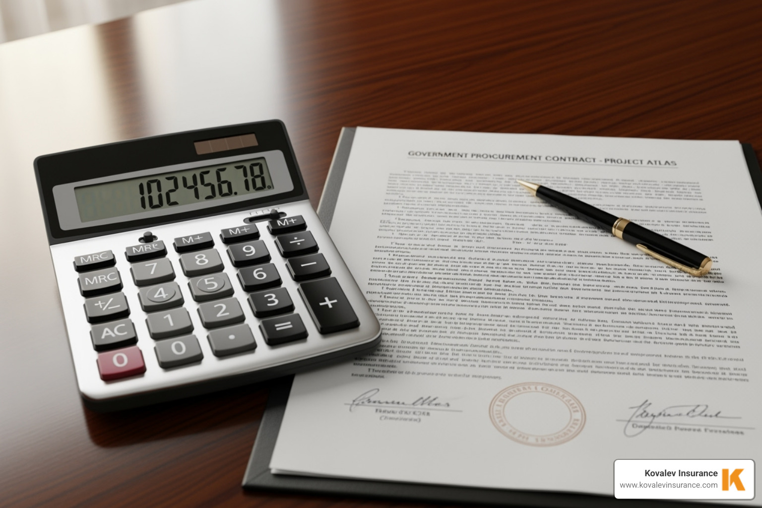 A calculator and a government contract document - insurance for federal contractors
