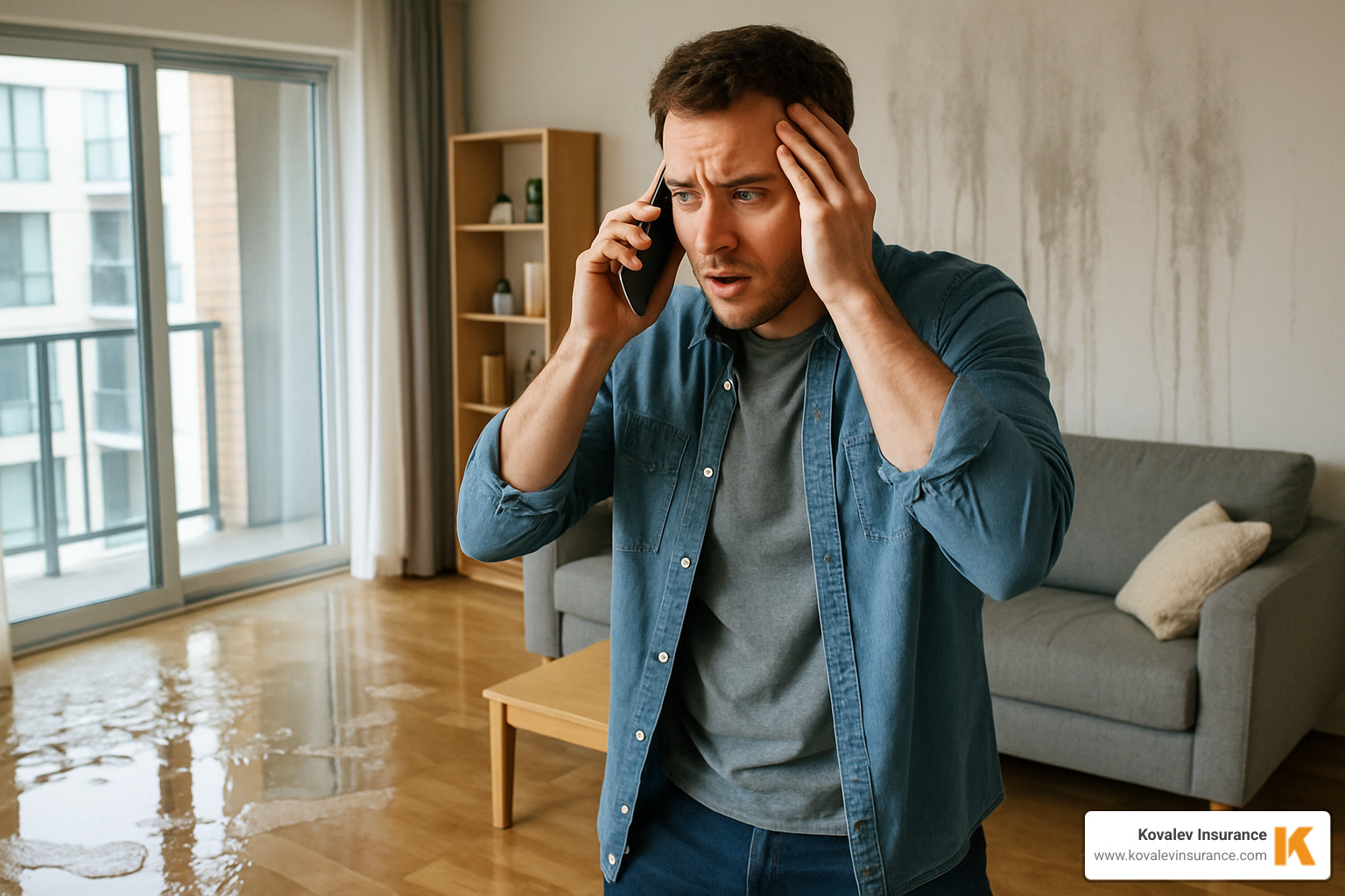 person on phone reporting insurance claim with water damage visible in background - massachusetts condo insurance quote