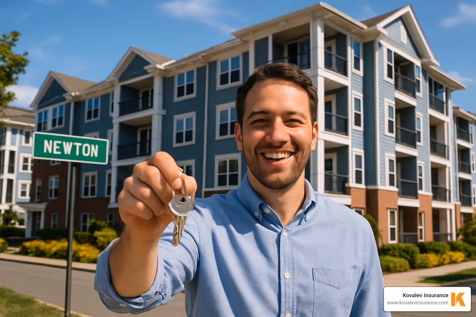happy condo owner standing in front of newton massachusetts condominium building - massachusetts condo insurance quote