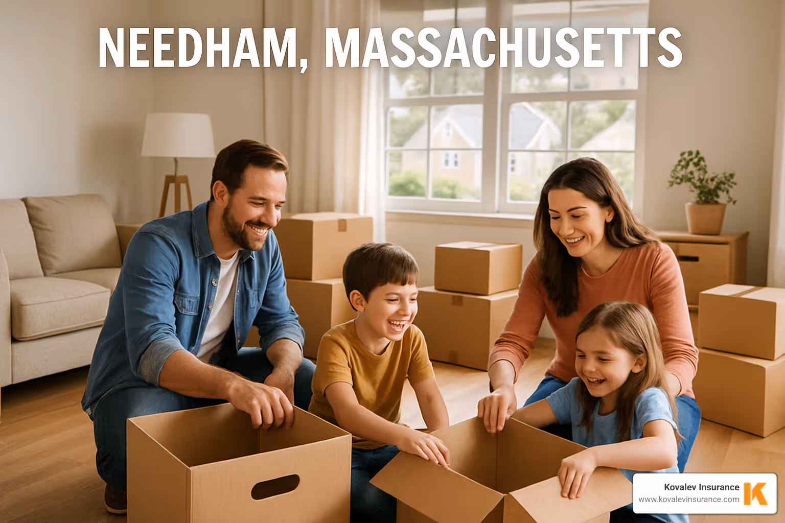 smiling Needham family unpacking boxes - contents insurance