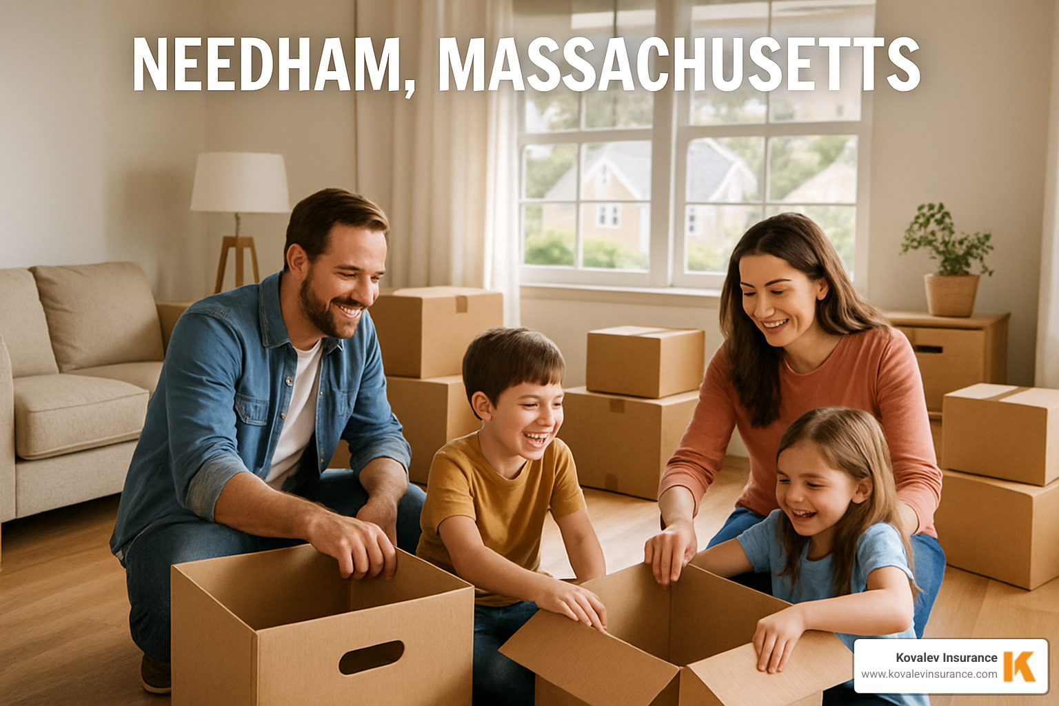 smiling Needham family unpacking boxes - contents insurance