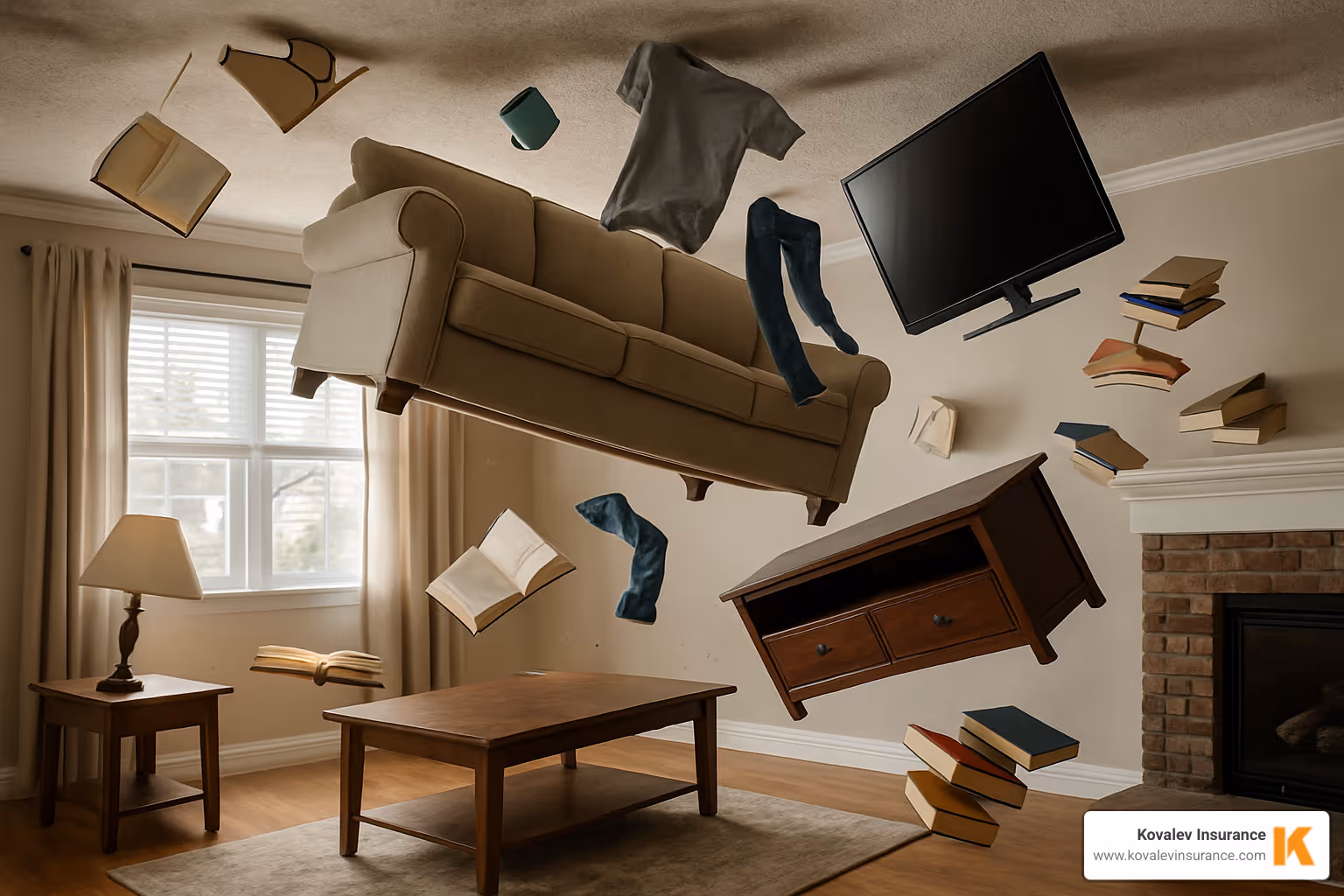 items falling from turned-upside-down house - contents insurance