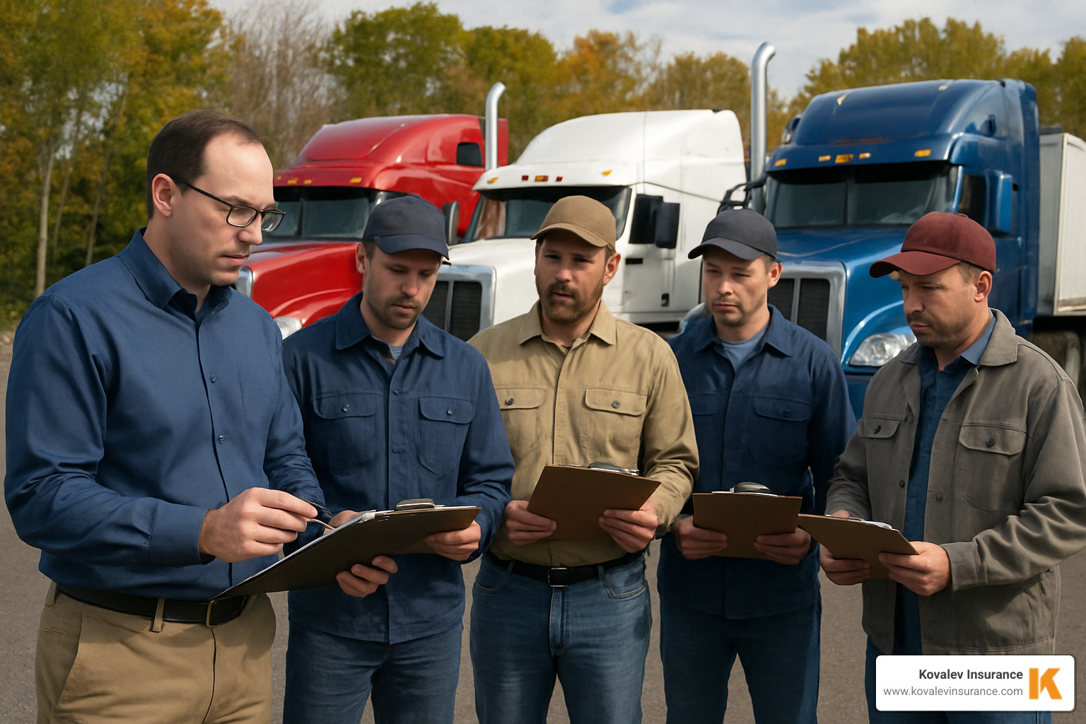 Fleet manager reviewing safety program with drivers in Massachusetts - Truck insurance agency