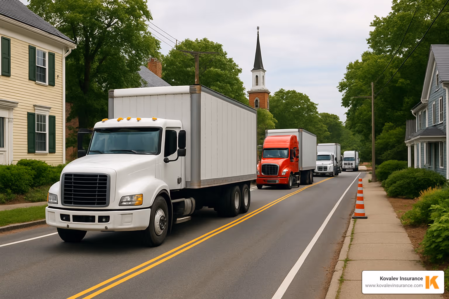 Massachusetts trucking operation with trucks navigating through local roads - Truck insurance agency Massachusetts trucking operation with trucks navigating through local roads - Truck insurance agency