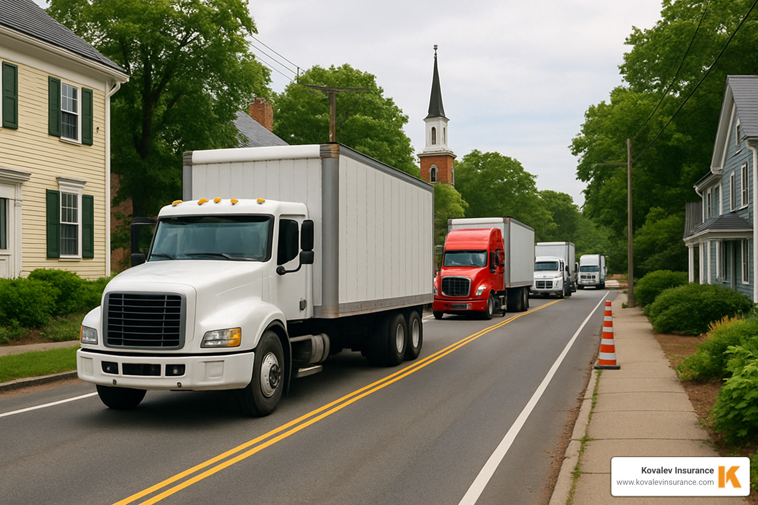 Massachusetts trucking operation with trucks navigating through local roads - Truck insurance agency