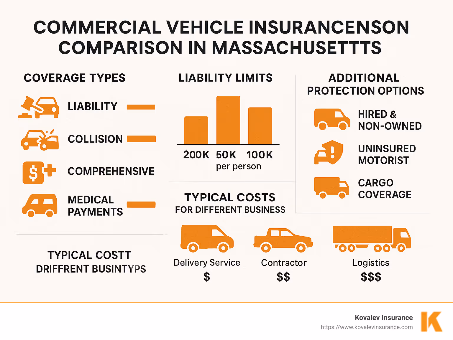 Commercial vehicle insurance comparison showing coverage types, liability limits, additional protection options, and typical costs for different business types in Massachusetts - Commercial vehicle insurance infographic Commercial vehicle insurance comparison showing coverage types, liability limits, additional protection options, and typical costs for different business types in Massachusetts - Commercial vehicle insurance infographic