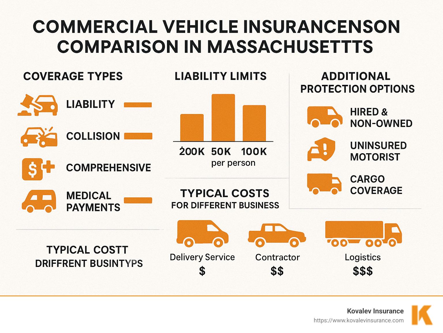 Commercial vehicle insurance comparison showing coverage types, liability limits, additional protection options, and typical costs for different business types in Massachusetts - Commercial vehicle insurance infographic Commercial vehicle insurance comparison showing coverage types, liability limits, additional protection options, and typical costs for different business types in Massachusetts - Commercial vehicle insurance infographic