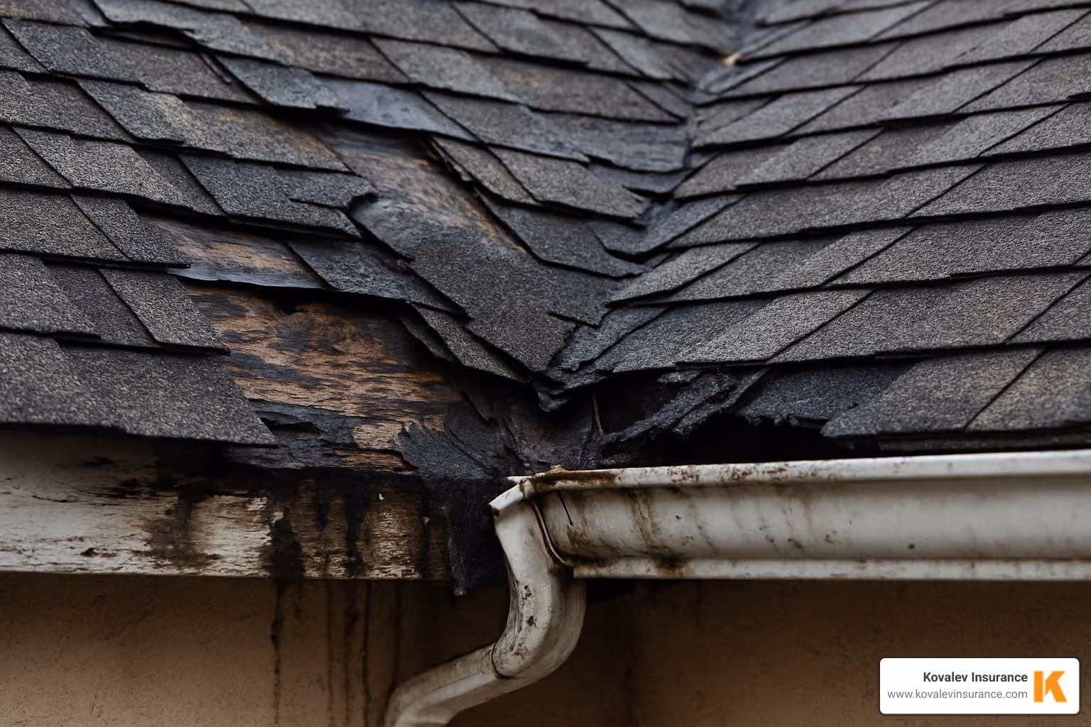 damaged roof section next to a poorly installed gutter - gutter installer insurance damaged roof section next to a poorly installed gutter - gutter installer insurance