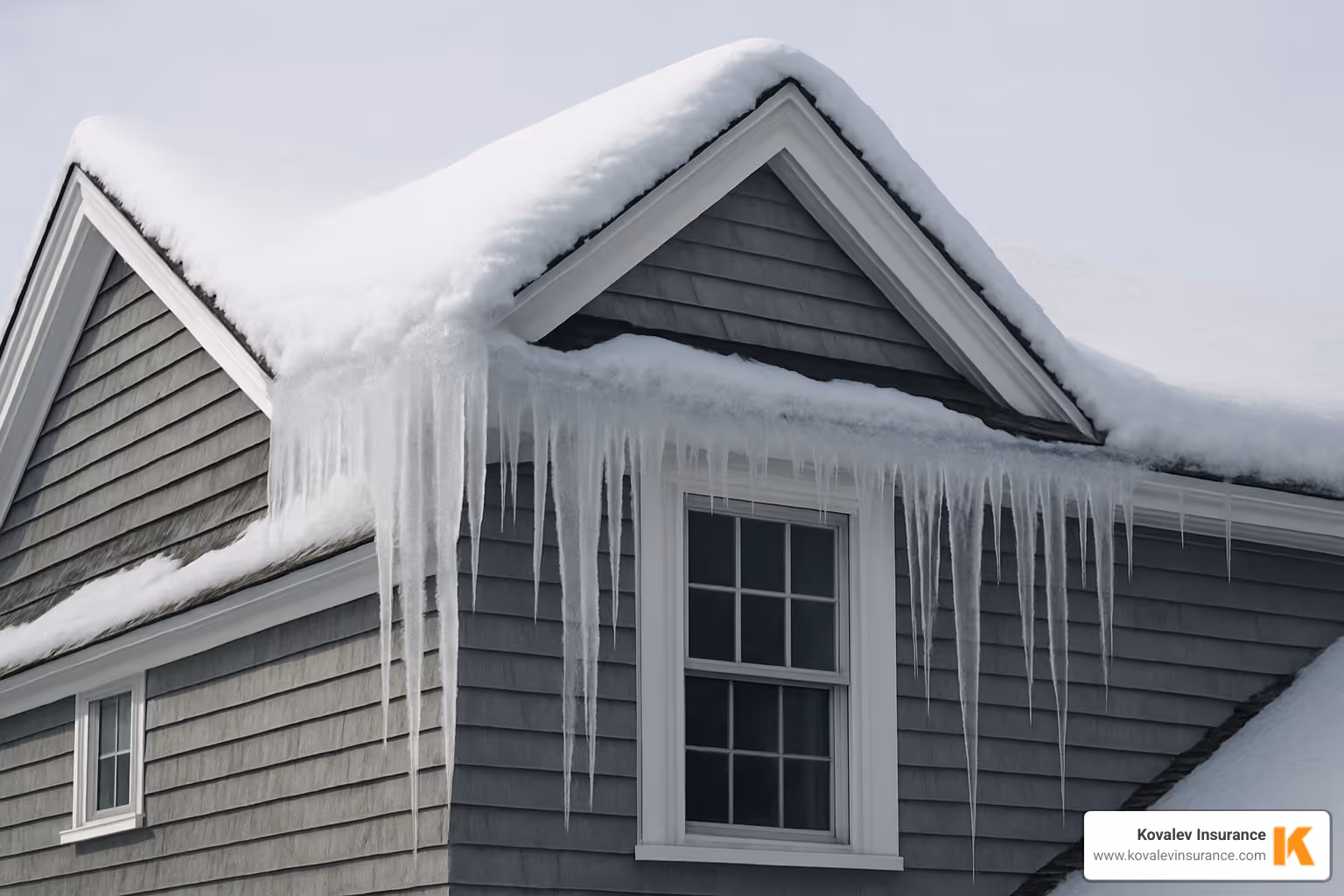 Snow-covered roof with icicles forming at the edge, demonstrating ice dam risk - homeowners insurance massachusetts quote Snow-covered roof with icicles forming at the edge, demonstrating ice dam risk - homeowners insurance massachusetts quote