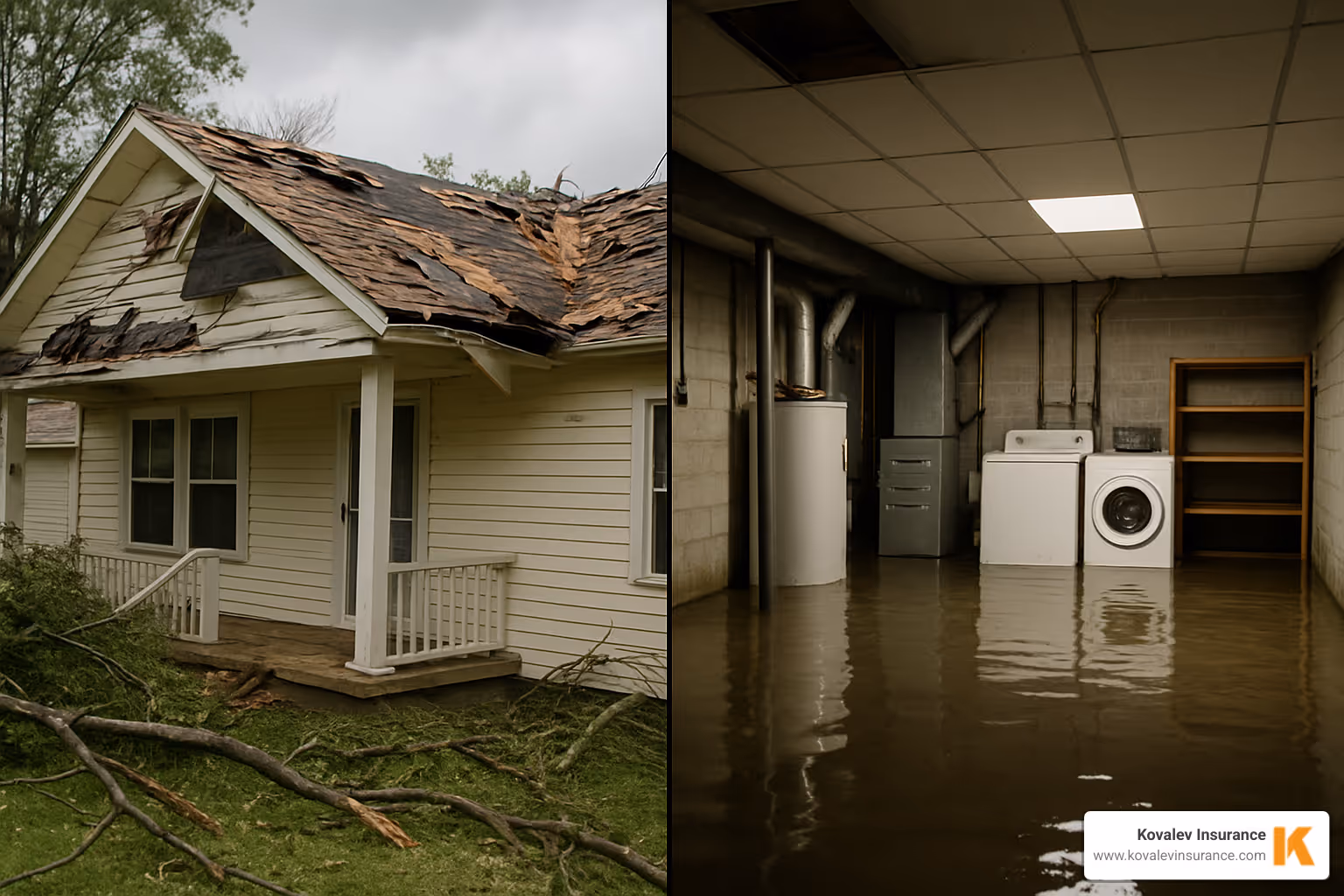 split screen showing a covered event like wind damage and an excluded event like floodwater in a basement - homeowners insurance policy split screen showing a covered event like wind damage and an excluded event like floodwater in a basement - homeowners insurance policy