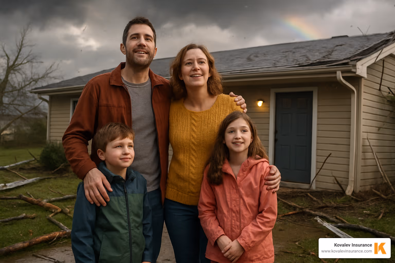 Family safely outside their home after a storm - homeowners insurance quincy ma Family safely outside their home after a storm - homeowners insurance quincy ma