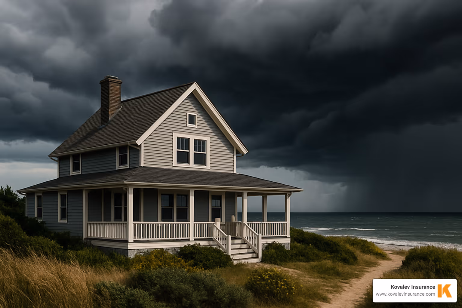 Coastal home in Quincy with storm clouds in the distance - homeowners insurance quincy ma Coastal home in Quincy with storm clouds in the distance - homeowners insurance quincy ma