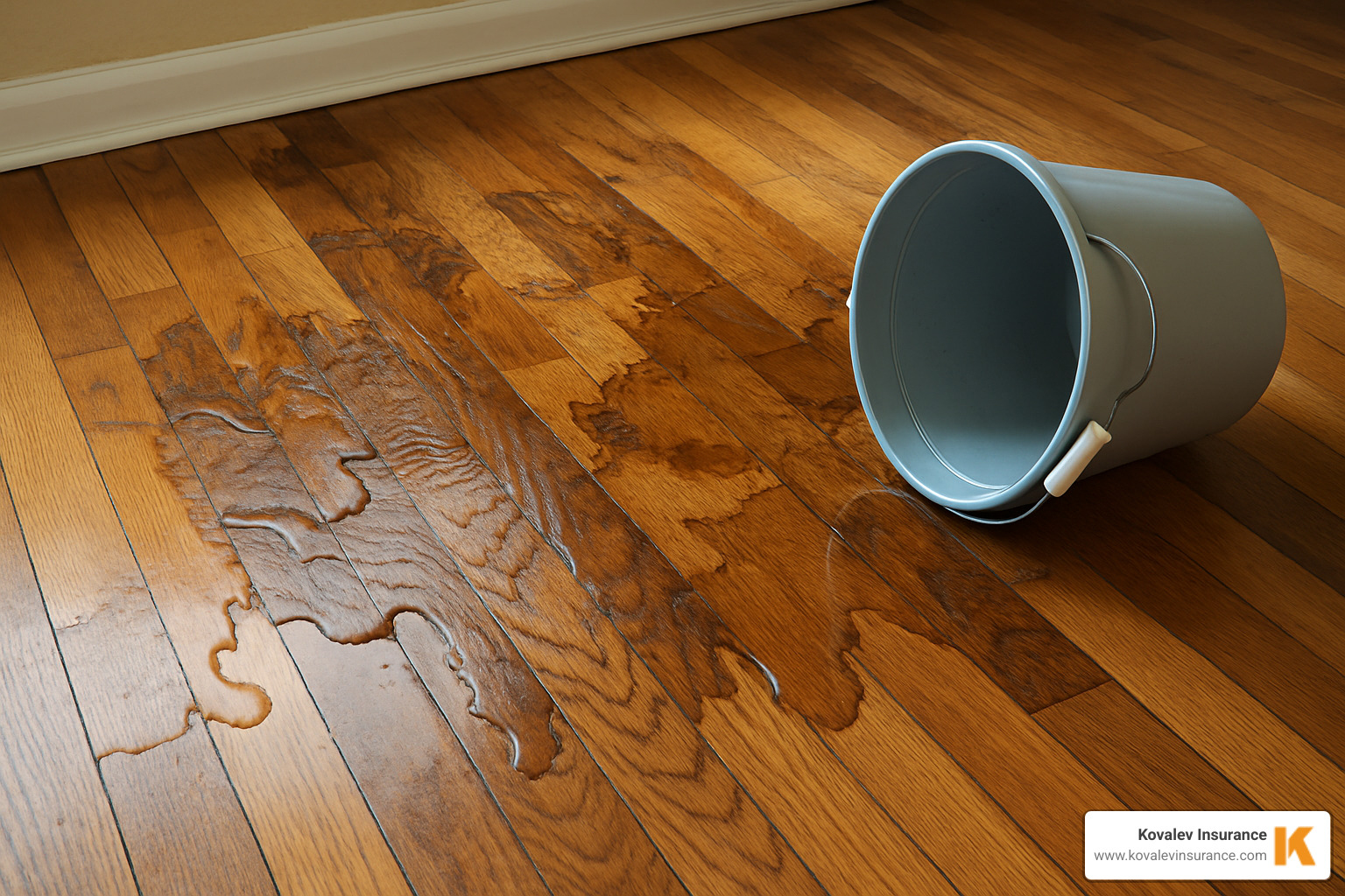 water-damaged hardwood floor next to a spilled bucket - flooring installer insurance water-damaged hardwood floor next to a spilled bucket - flooring installer insurance