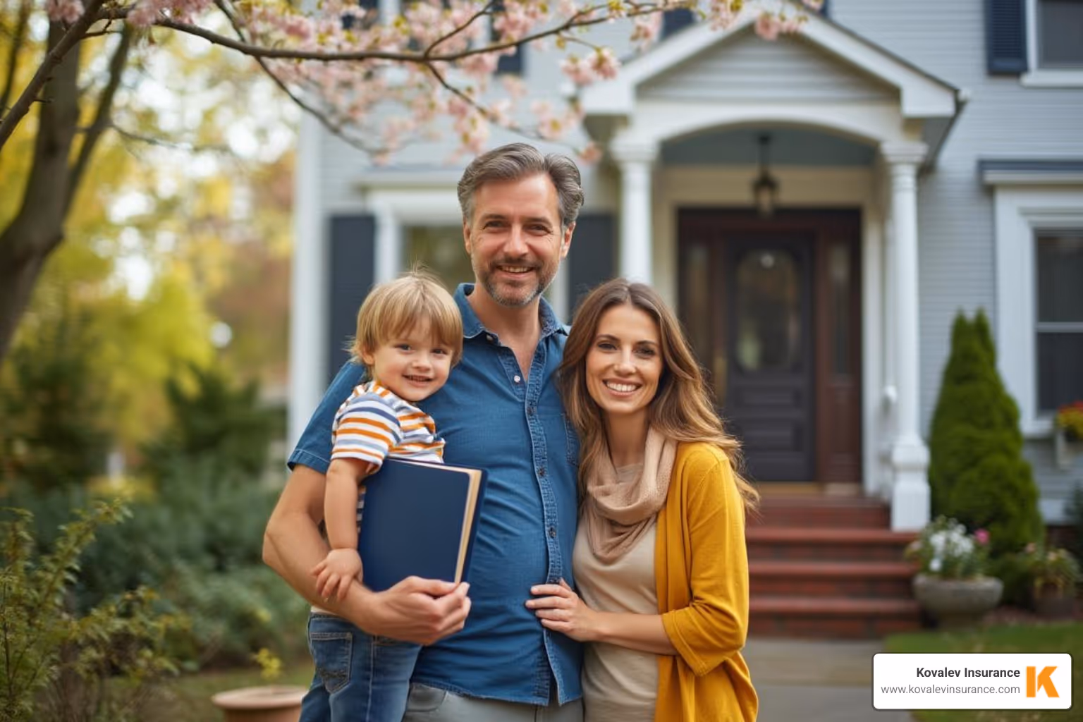 Massachusetts family standing in front of their home, holding their new insurance binder - home insurance ho3 get