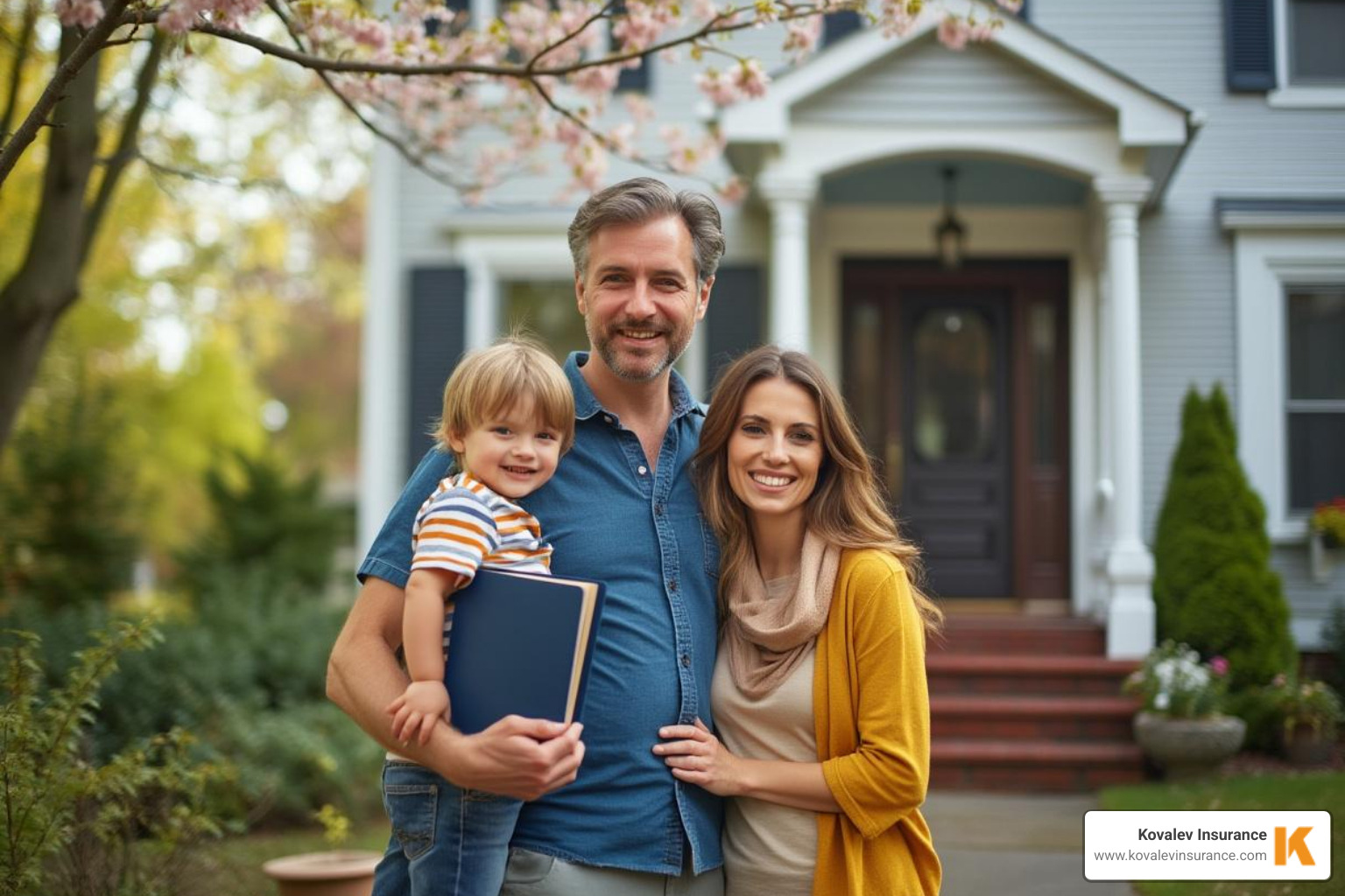 Massachusetts family standing in front of their home, holding their new insurance binder - home insurance ho3 get Massachusetts family standing in front of their home, holding their new insurance binder - home insurance ho3 get