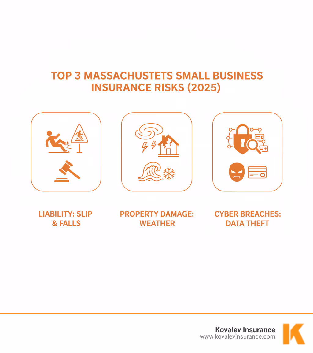 Infographic showing the top 3 commercial insurance risks for Massachusetts small businesses: liability claims from slip-and-fall accidents, property damage from severe weather events, and cyber security breaches affecting customer data - commercial insurance Belmont infographic Infographic showing the top 3 commercial insurance risks for Massachusetts small businesses: liability claims from slip-and-fall accidents, property damage from severe weather events, and cyber security breaches affecting customer data - commercial insurance Belmont infographic