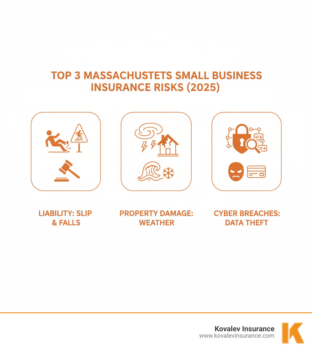 Infographic showing the top 3 commercial insurance risks for Massachusetts small businesses: liability claims from slip-and-fall accidents, property damage from severe weather events, and cyber security breaches affecting customer data - commercial insurance Belmont infographic  Infographic showing the top 3 commercial insurance risks for Massachusetts small businesses: liability claims from slip-and-fall accidents, property damage from severe weather events, and cyber security breaches affecting customer data - commercial insurance Belmont infographic