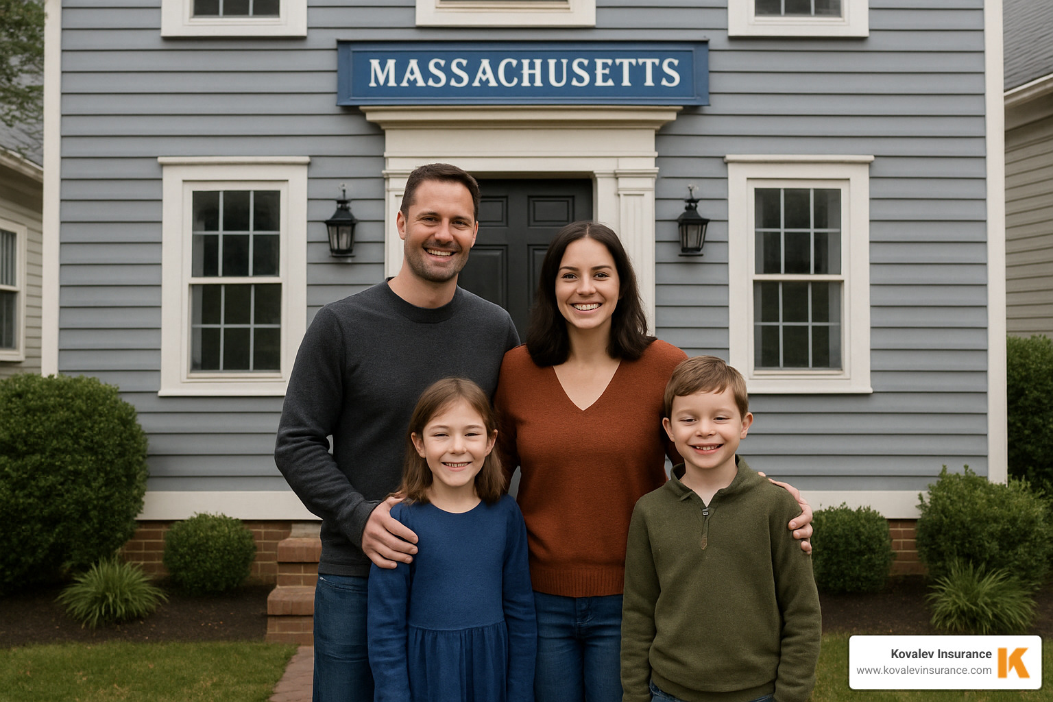 family standing in front of their home in a Massachusetts town - homeowners insurance pittsfield ma family standing in front of their home in a Massachusetts town - homeowners insurance pittsfield ma