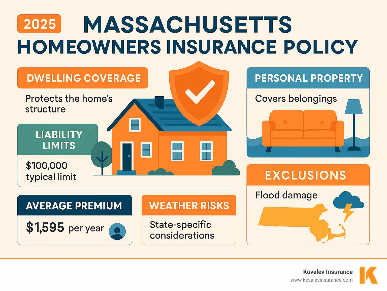 Comprehensive breakdown of Massachusetts homeowners insurance policy components showing dwelling coverage, personal property protection, liability limits, common exclusions like flood damage, average premium costs by region, and state-specific considerations for weather-related risks - massachusetts homeowners insurance policy infographic 