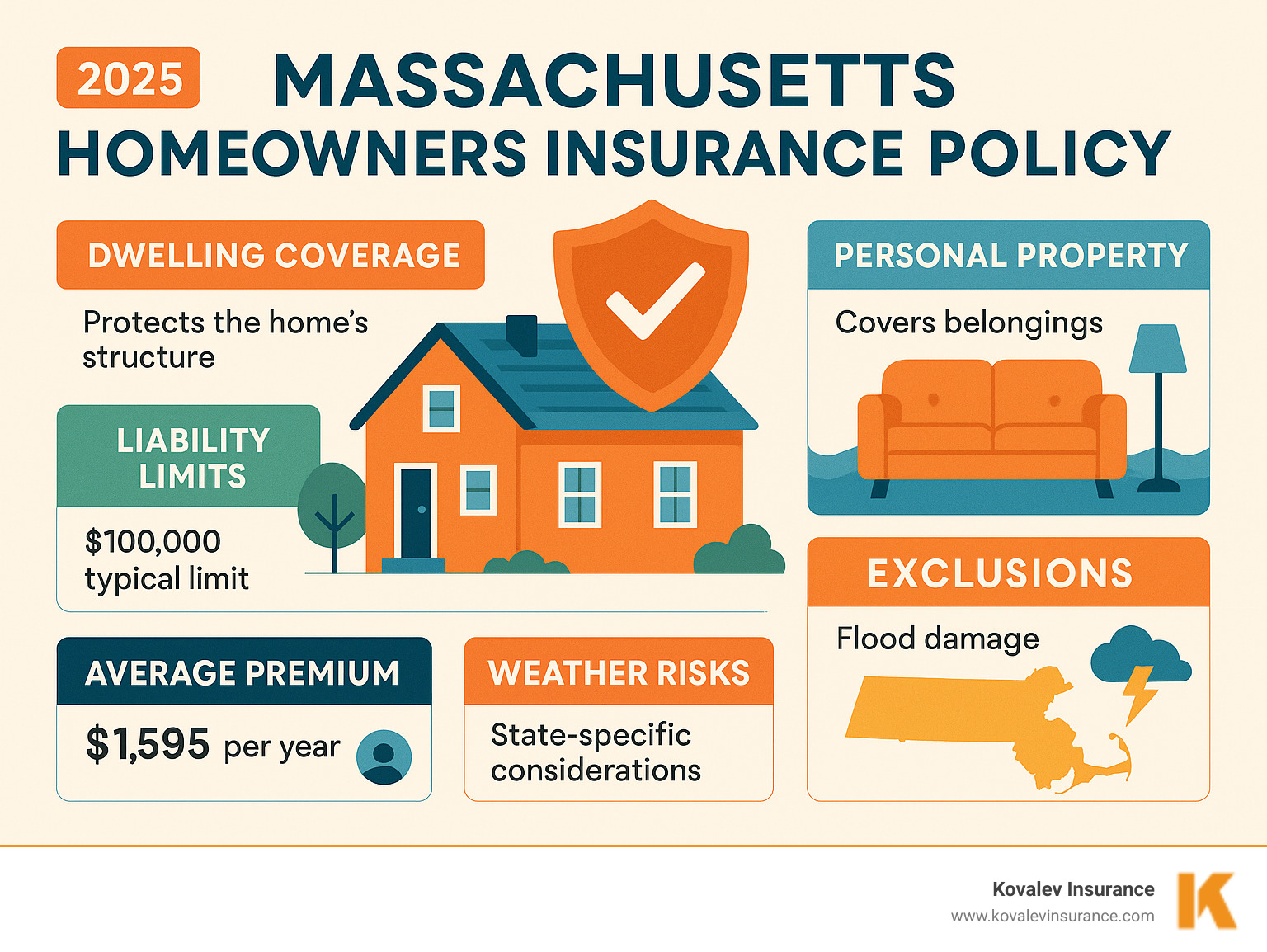 Comprehensive breakdown of Massachusetts homeowners insurance policy components showing dwelling coverage, personal property protection, liability limits, common exclusions like flood damage, average premium costs by region, and state-specific considerations for weather-related risks - massachusetts homeowners insurance policy infographic 