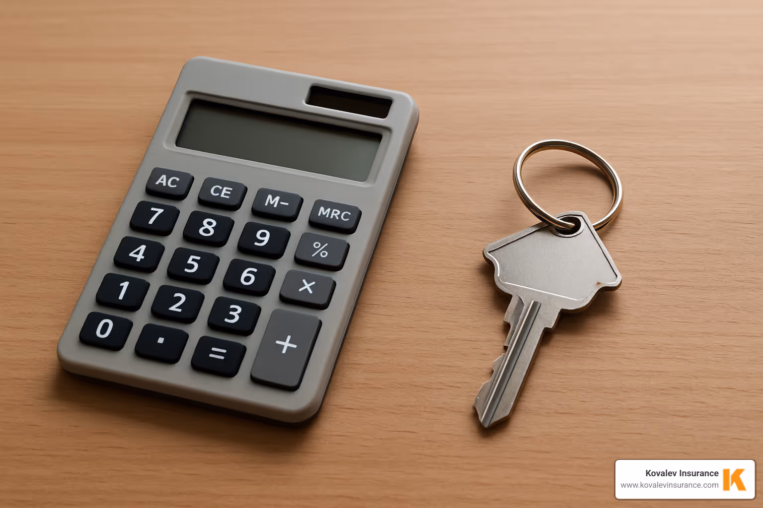 calculator and a house key on a table - massachusetts homeowners insurance policy